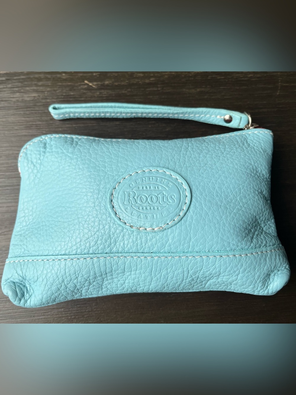 Vintage 🇨🇦 Roots Robin’s Egg Blue Leather Wristlet Pouch **Rare Color Y2K 
7.5”L